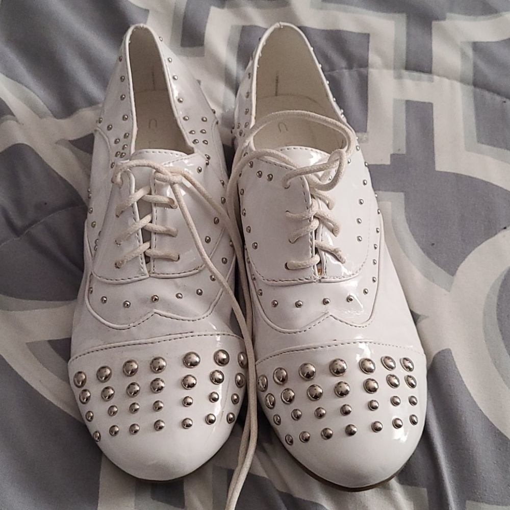 Patent White Studded Oxford Shoes